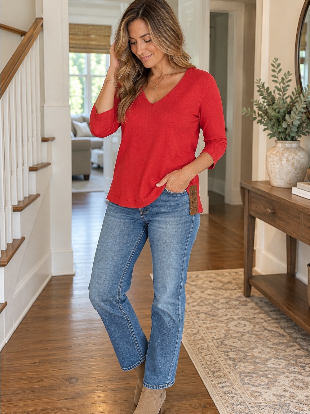 Lauren Jeans Co. Ralph Lauren Red Ribbed V-Neck Top XL 100% Cotton